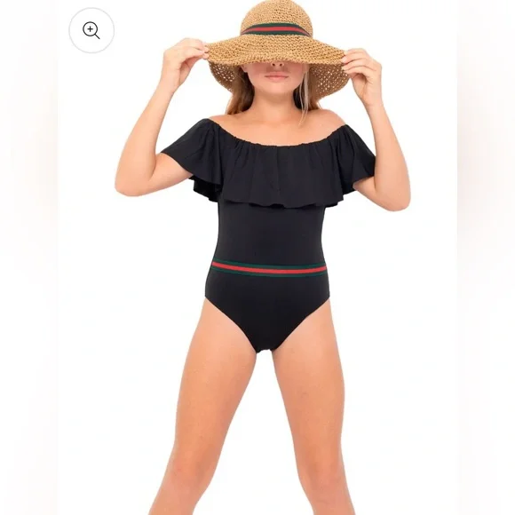 Stella Cove Girls Black Ruffle Swimsuit with Gucci-Style Belt - Size 12Y